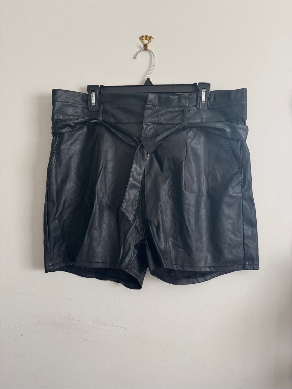 Black Faux Leather Paperbag Waist Shorts with Tie